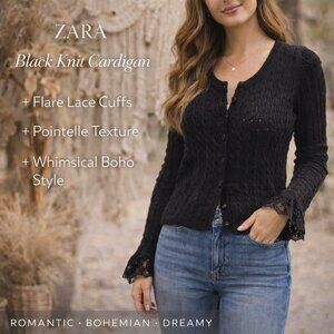 Zara Black Pointelle Cardigan Button Down Lace Flare Sleeve Knit Top Whimsygoth